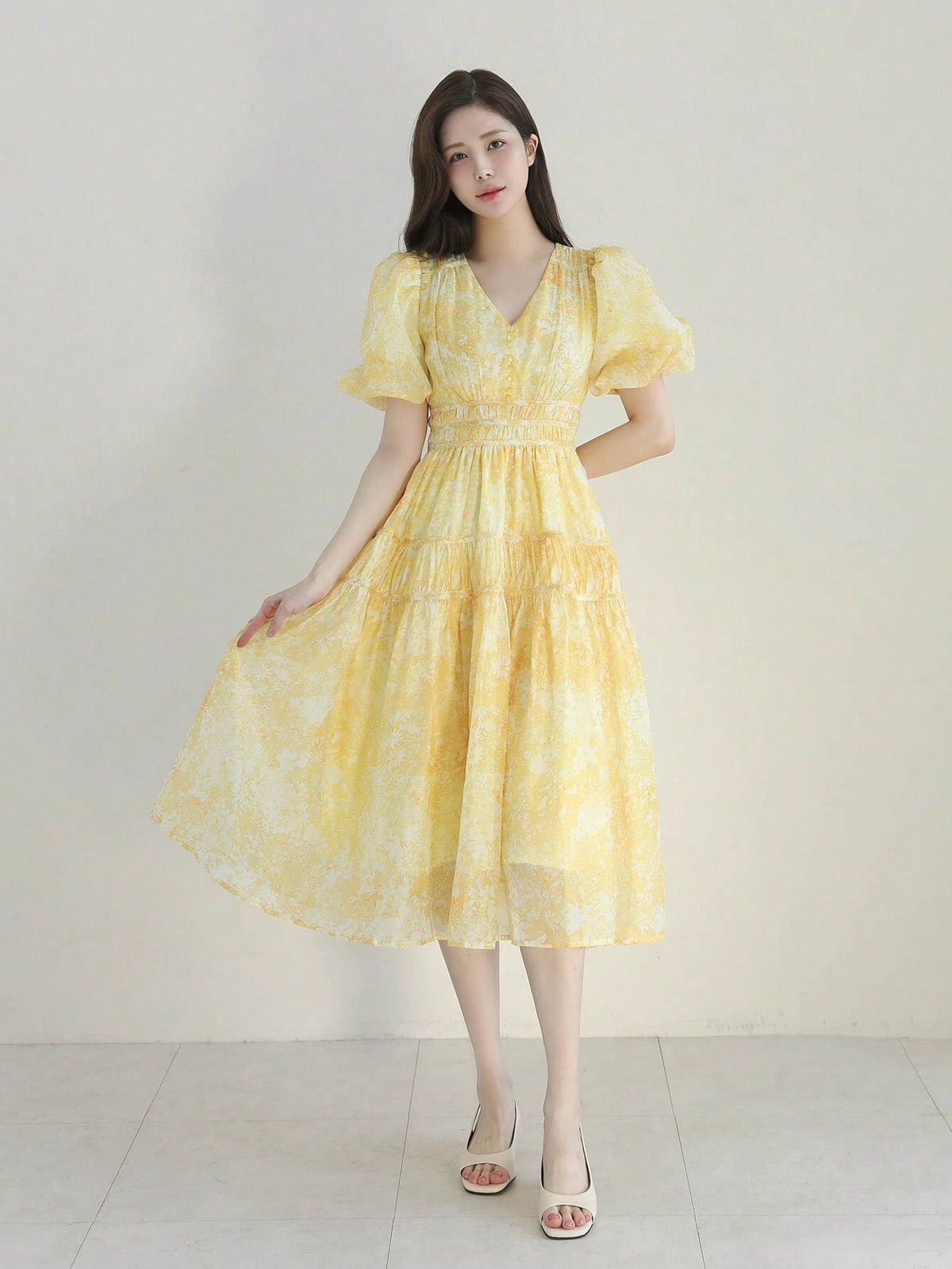 DAZY Allover Print Puff Sleeve Ruffle Hem Dress