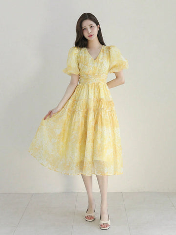 DAZY Allover Print Puff Sleeve Ruffle Hem Dress