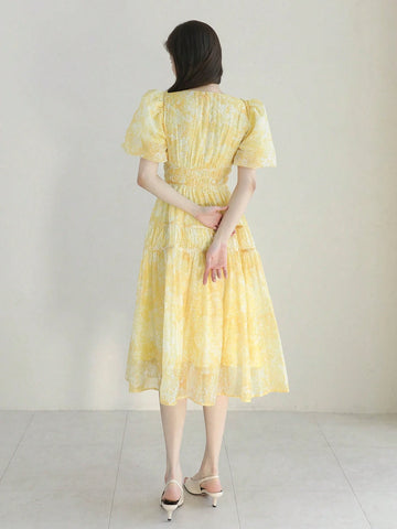 DAZY Allover Print Puff Sleeve Ruffle Hem Dress