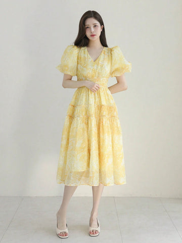 DAZY Allover Print Puff Sleeve Ruffle Hem Dress