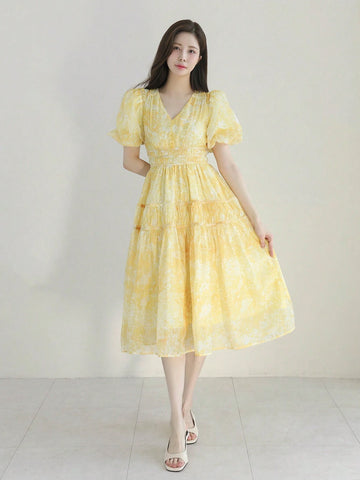 DAZY Allover Print Puff Sleeve Ruffle Hem Dress