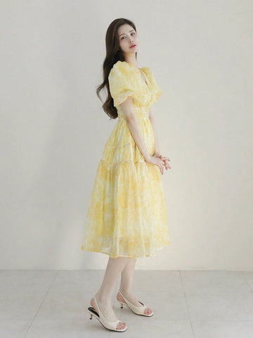 DAZY Allover Print Puff Sleeve Ruffle Hem Dress