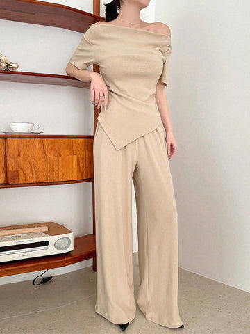 DAZY Asymmetric Collar And Hem Solid Color Top With Pants Set