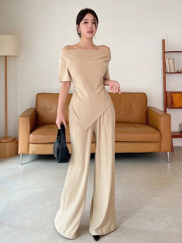 DAZY Asymmetric Collar And Hem Solid Color Top With Pants Set