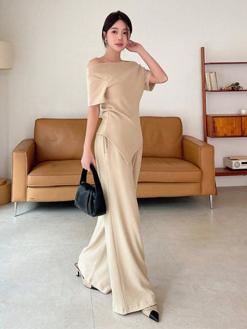 DAZY Asymmetric Collar And Hem Solid Color Top With Pants Set