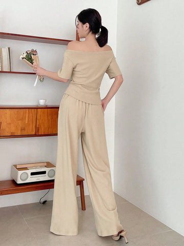 DAZY Asymmetric Collar And Hem Solid Color Top With Pants Set