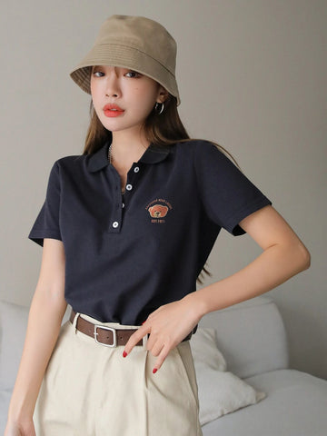 Bear And Letter Graphic Polo Neck Tee