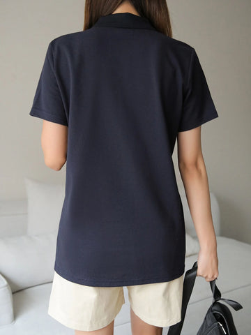 Bear And Letter Graphic Polo Neck Tee