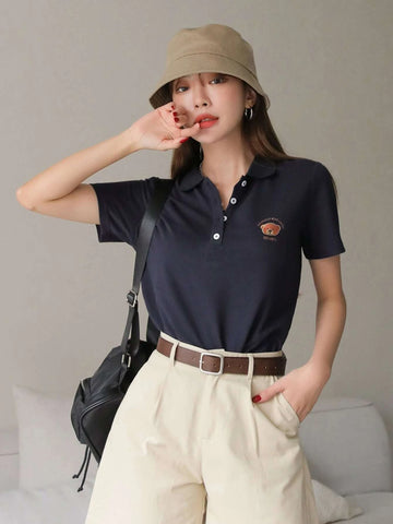 Bear And Letter Graphic Polo Neck Tee