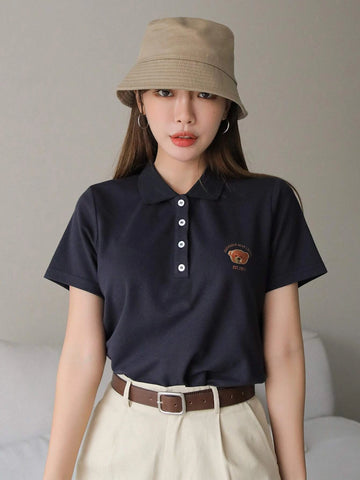 Bear And Letter Graphic Polo Neck Tee