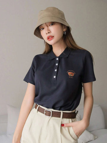 Bear And Letter Graphic Polo Neck Tee