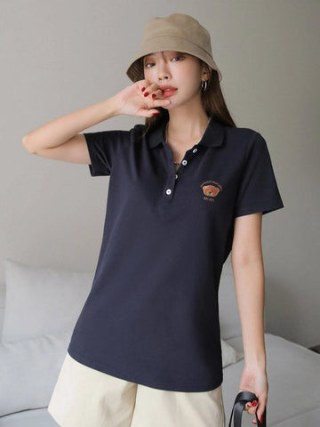 Bear And Letter Graphic Polo Neck Tee