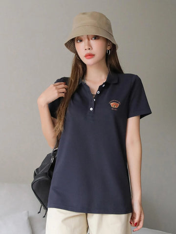 Bear And Letter Graphic Polo Neck Tee