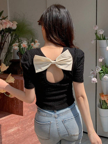 DAZY Big Bow Knot Decorated T-Shirt, Suitable For Daily Wear