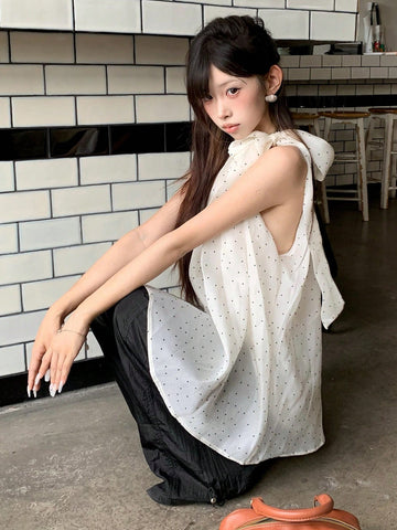 DAZY Bowknot Neck Loose Polka Dot Sleeveless Blouse