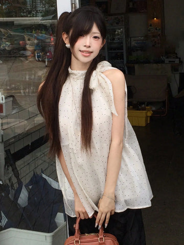 DAZY Bowknot Neck Loose Polka Dot Sleeveless Blouse
