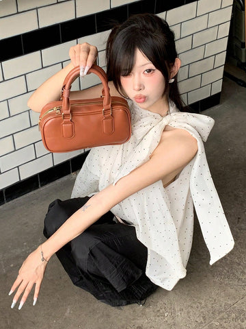 DAZY Bowknot Neck Loose Polka Dot Sleeveless Blouse