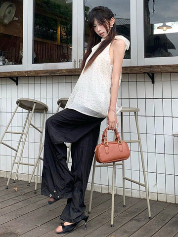 DAZY Bowknot Neck Loose Polka Dot Sleeveless Blouse