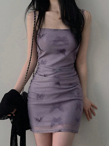 DAZY Butterfly Print Cami Dress With Ruched Bodycon Mini Dress For Women