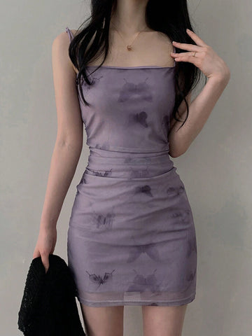 DAZY Butterfly Print Cami Dress With Ruched Bodycon Mini Dress For Women