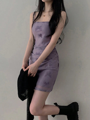 DAZY Butterfly Print Cami Dress With Ruched Bodycon Mini Dress For Women