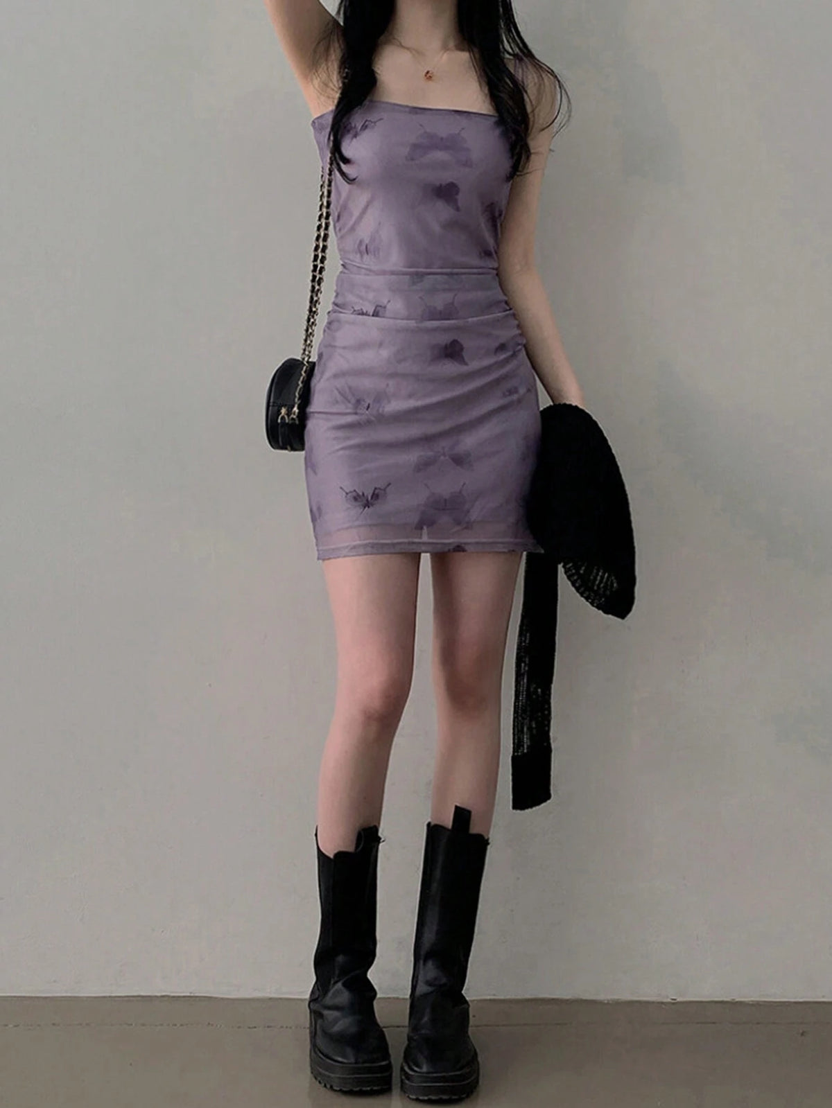 DAZY Butterfly Print Cami Dress With Ruched Bodycon Mini Dress For Women