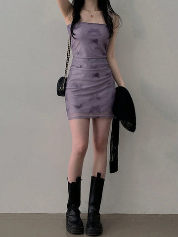 DAZY Butterfly Print Cami Dress With Ruched Bodycon Mini Dress For Women