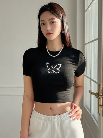 DAZY Butterfly Print Crop Tee