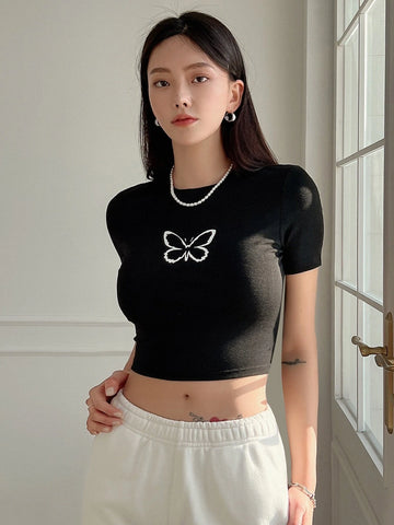DAZY Butterfly Print Crop Tee
