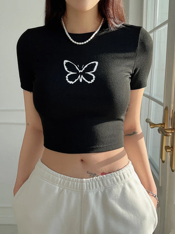 DAZY Butterfly Print Crop Tee