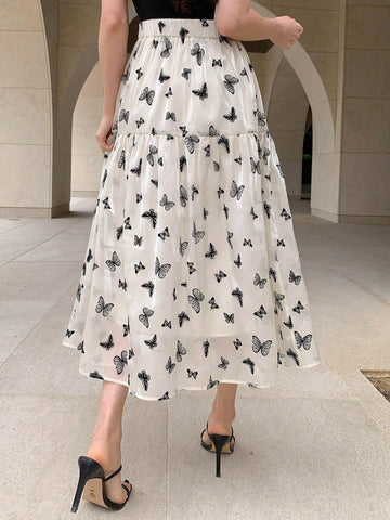 DAZY Butterfly Print Flared Hem Skirt