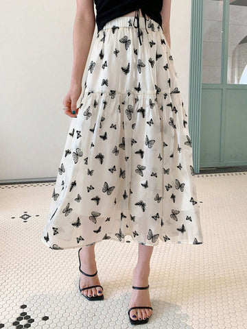 DAZY Butterfly Print Flared Hem Skirt