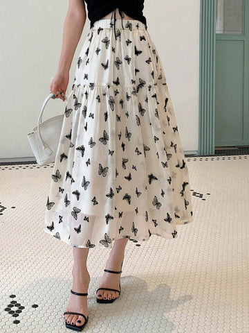 DAZY Butterfly Print Flared Hem Skirt