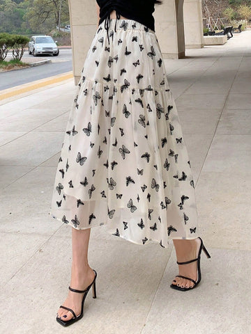 DAZY Butterfly Print Flared Hem Skirt