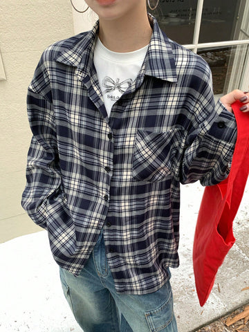 DAZY Casual Plaid Loose Pocket Blouse For Women, Autumn