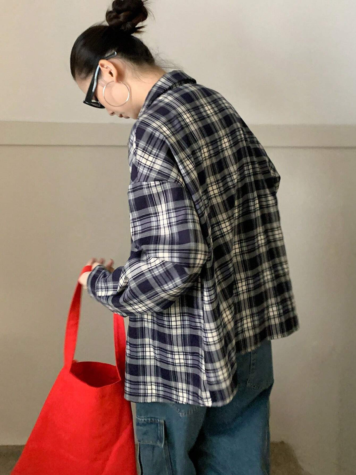 DAZY Casual Plaid Loose Pocket Blouse For Women, Autumn