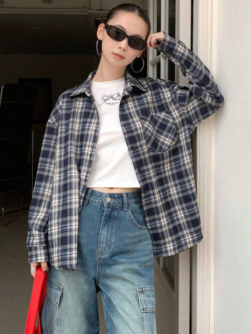 DAZY Casual Plaid Loose Pocket Blouse For Women, Autumn