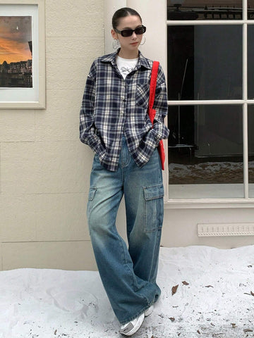 DAZY Casual Plaid Loose Pocket Blouse For Women, Autumn