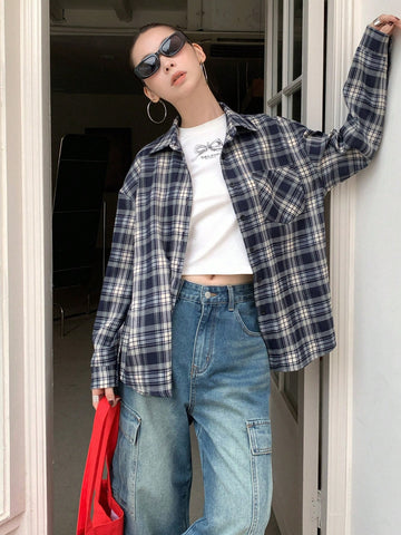 DAZY Casual Plaid Loose Pocket Blouse For Women, Autumn