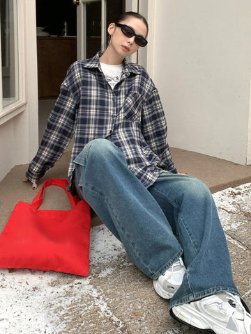 DAZY Casual Plaid Loose Pocket Blouse For Women, Autumn