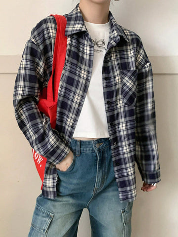 DAZY Casual Plaid Loose Pocket Blouse For Women, Autumn