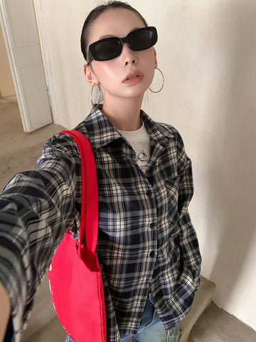 DAZY Casual Plaid Loose Pocket Blouse For Women, Autumn