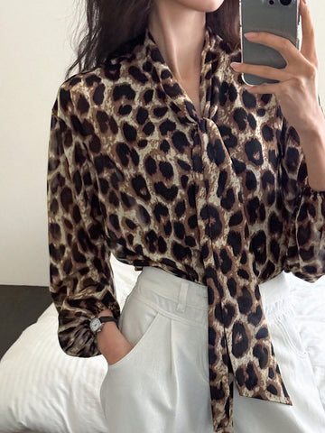 DAZY Chiffon Leopard Print Tie Collar Lantern Sleeve Women's Blouse, Suitable For Vacation, Spring/Summer