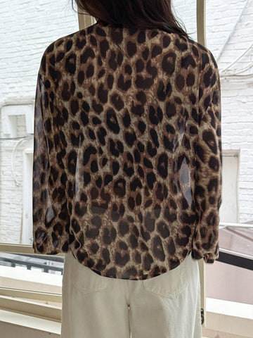 DAZY Chiffon Leopard Print Tie Collar Lantern Sleeve Women's Blouse, Suitable For Vacation, Spring/Summer