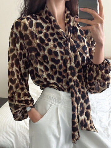 DAZY Chiffon Leopard Print Tie Collar Lantern Sleeve Women's Blouse, Suitable For Vacation, Spring/Summer
