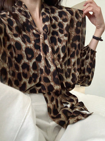 DAZY Chiffon Leopard Print Tie Collar Lantern Sleeve Women's Blouse, Suitable For Vacation, Spring/Summer