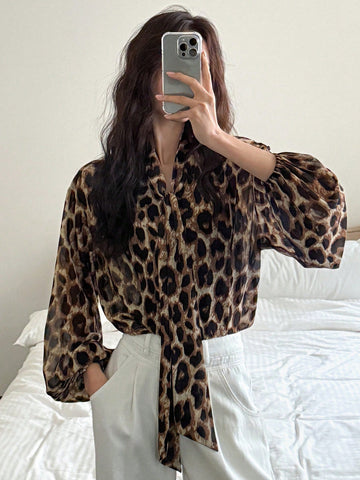 DAZY Chiffon Leopard Print Tie Collar Lantern Sleeve Women's Blouse, Suitable For Vacation, Spring/Summer