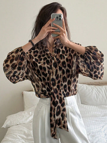 DAZY Chiffon Leopard Print Tie Collar Lantern Sleeve Women's Blouse, Suitable For Vacation, Spring/Summer