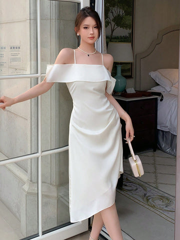 DAZY Cold Shoulder Ruffle Trim Asymmetrical Hem Dress