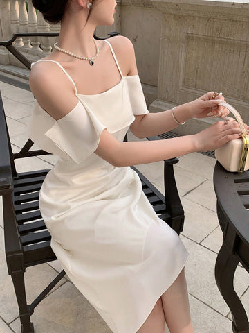 DAZY Cold Shoulder Ruffle Trim Asymmetrical Hem Dress